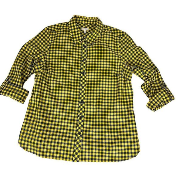 Talbots Tops - Talbots Womens Shirt Large Yellow Navy Blue Gingham Plaid Button Up Long Sleeve